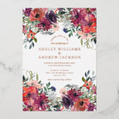 ブルゴーニュ&ロージー金ゴールドウォーターカラーフローラ結婚ズ 箔招待状 (正面)