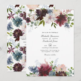 ブルゴーニュ、海軍、赤面フローラQRコード結婚ズ 招待状