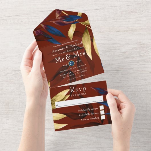 ブルゴーニュ、海軍、金ゴールドトロピカル結婚ズ オールインワン招待状 (貼ってはがせる)