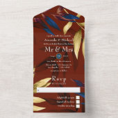 ブルゴーニュ、海軍、金ゴールドトロピカル結婚ズ オールインワン招待状 (内側)