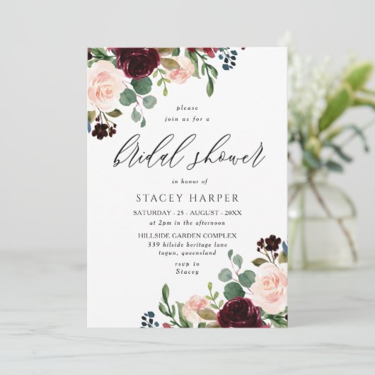 ブルゴーニュ&赤面ウォーターカラーエレガントブライダルシャワー 招待状 (スタンド正面)