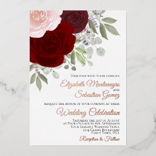 ブルゴーニュ&赤面ウォーターカラーバラエレガントな結婚式 箔招待状 (正面)