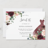 ブルゴーニュ&赤面ウォーターカラーフローラドレススウィート16 招待状 (正面)