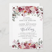 ブルゴーニュ&赤面ウォーターカラー牡丹バラ結婚ズ 招待状 (正面/裏面)