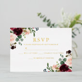 ブルゴーニュ&赤面ウォーター結婚カラー金ゴールドRSVP 箔招待状 (立ち正面)