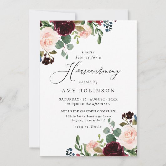 ブルゴーニュ&赤面ウォーター色引っ越し祝いパーティーパーティー 招待状 (正面)