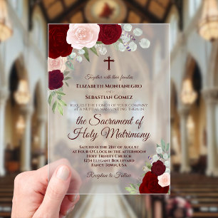 ブルゴーニュ&赤面バラエレガントカソリッ結婚クス アクリル招待状