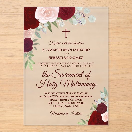 ブルゴーニュ&赤面バラエレガントカソリッ結婚クス アクリル招待状 (正面)
