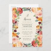 ブルゴーニュ&赤面ピンクフローラフレームブライダルシャワー インビテーションポストカード (正面/裏面)