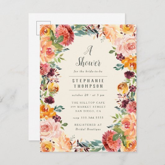 ブルゴーニュ&赤面ピンクフローラフレームブライダルシャワー インビテーションポストカード (正面/裏面)