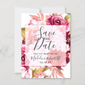 ブルゴーニュ&赤面ピンクフローラ結婚式の日付を保存 マグネット招待状 (正面)
