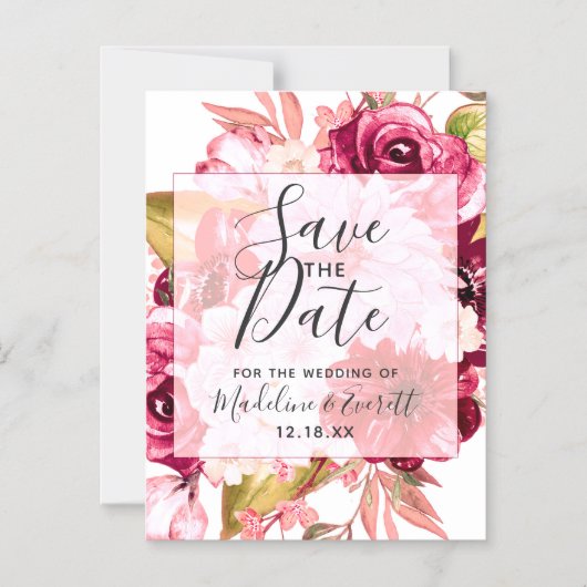 ブルゴーニュ&赤面ピンクフローラ結婚式の日付を保存 マグネット招待状 (正面)
