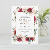 ブルゴーニュ&赤面ピンクフローラ結婚式の日付を保存 招待状 (スタンド正面)