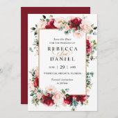 ブルゴーニュ&赤面ピンクフローラ結婚式の日付を保存 招待状 (正面/裏面)