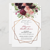 ブルゴーニュ&赤面ピンクフローラ&フレームブライダルシャワー 招待状 (正面/裏面)