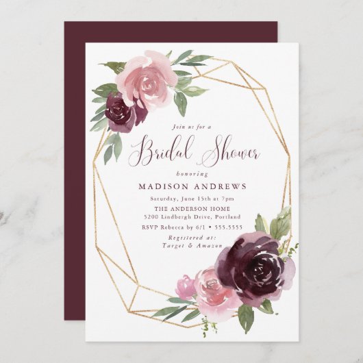 ブルゴーニュ&赤面ピンクフローラ | ブライダルシャワー 招待状 (正面/裏面)