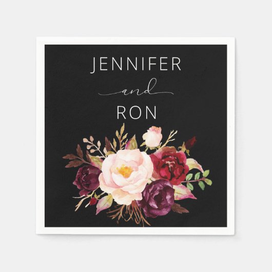 ブルゴーニュ&赤面ピンクフローラ – ブラック スタンダードカクテルナプキン (正面)