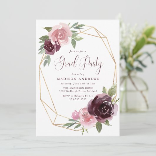 ブルゴーニュ&赤面ピンクフローラ |卒業パーティー 招待状 (スタンド正面)