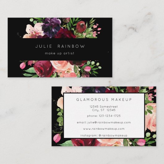 ブルゴーニュ&赤面ピンクフローラ – 黒 名刺 (正面/裏面)