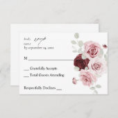 ブルゴーニュ&赤面ピンクフローラEle 6いいえ食事RSVP 2 出欠カード (正面/裏面)