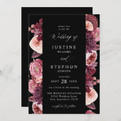 ブルゴーニュ&赤面ピンク結婚8Bズ2 – ブラック 招待状 (正面/裏面)