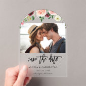 ブルゴーニュ&赤面ピンク4フローラ写真Save The Date アクリル招待状 (インサイチュ (ポータブル))