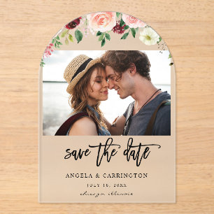 ブルゴーニュ&赤面ピンク4フローラ写真Save The Date アクリル招待状
