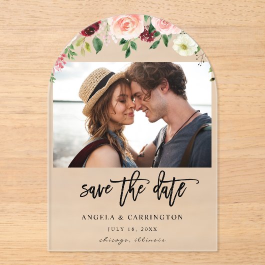 ブルゴーニュ&赤面ピンク4フローラ写真Save The Date アクリル招待状 (正面)