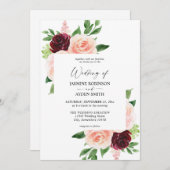 ブルゴーニュ&赤面ピンク4フローラ結婚式招待状 招待状 (正面/裏面)