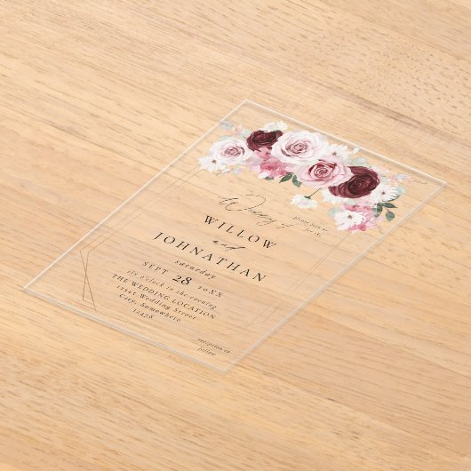 ブルゴーニュ&赤面ピンク6エレフローラ結婚ズ アクリル招待状 (レイダウン)