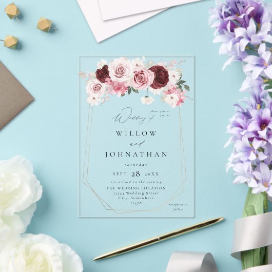 ブルゴーニュ&赤面ピンク6エレフローラ結婚ズ アクリル招待状 (インサイチュ (ウェディング))