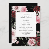 ブルゴーニュ&赤面ピンク6フローラブライダルシャワーブラック 招待状 (正面/裏面)
