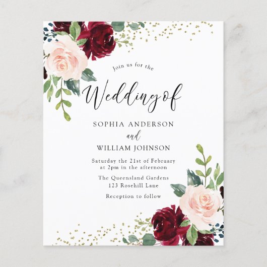 ブルゴーニュ&赤面フローラ予算結婚式招待状 (正面)