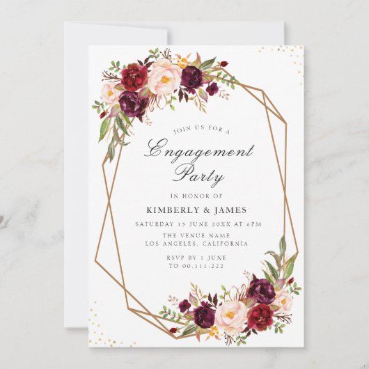 ブルゴーニュ&赤面フローラ幾何学婚約パーティ 招待状 (正面)