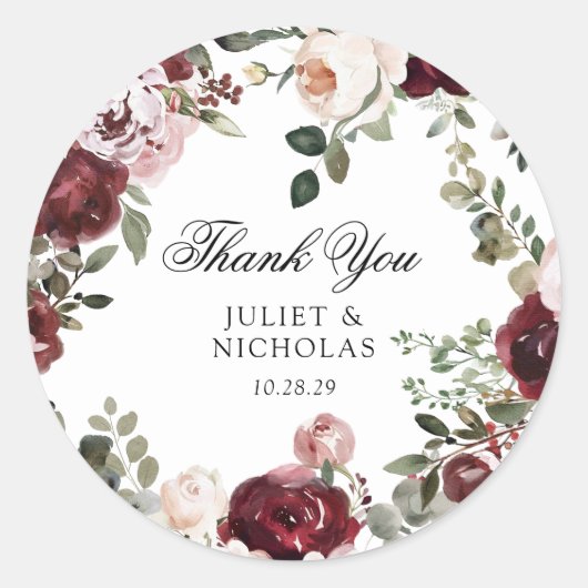 ブルゴーニュ&赤面フローラ結婚式の引き出物 ラウンドシール (正面)