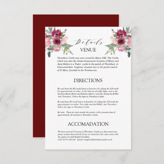 ブルゴーニュ&赤面ブーケ結婚の詳細囲い エンクロージャーカード (正面/裏面)