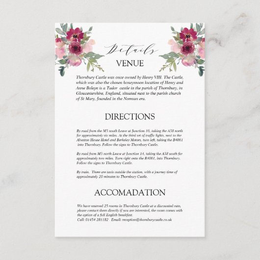 ブルゴーニュ&赤面ブーケ結婚の詳細囲い エンクロージャーカード (正面)