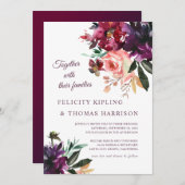 ブルゴーニュ&赤面ボホフローラボタニカル結婚ズ 招待状 (正面/裏面)