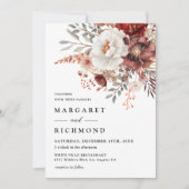 ブルゴーニュ&赤面素朴ウォーターカラーフローラ結婚ズ 招待状 (正面)
