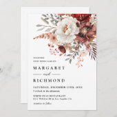 ブルゴーニュ&赤面素朴ウォーターカラーフローラ結婚ズ 招待状 (正面/裏面)