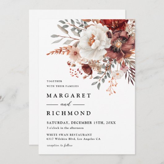 ブルゴーニュ&赤面素朴ウォーターカラーフローラ結婚ズ 招待状 (正面/裏面)
