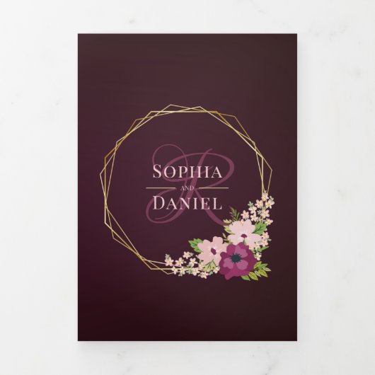 ブルゴーニュ&赤面花結婚幾何学模様 三つ折り招待状 (カバー)