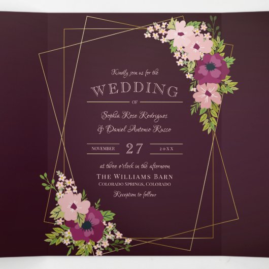 ブルゴーニュ&赤面花結婚幾何学模様 三つ折り招待状 (内部中)