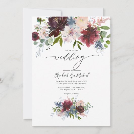 ブルゴーニュ、赤面、ほこりっぽいブルーのフローラ結婚ズ 招待状 (正面)