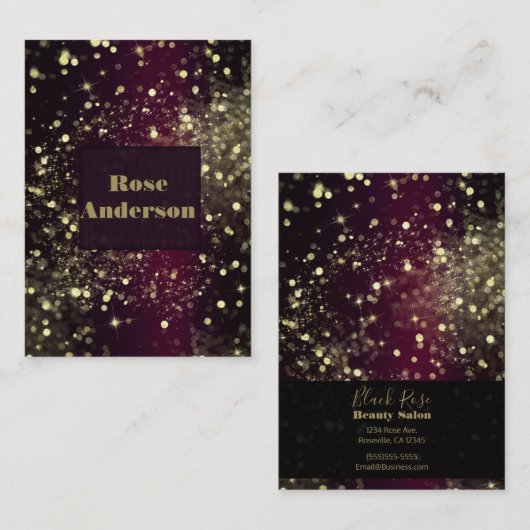 ブルゴーニュ&金ゴールドきらめくライツスパークルグリッター 名刺 (正面/裏面)