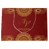 ブルゴーニュ&金ゴールドとマンダラデザインインディアン結婚ズ ラージペーパーバッグ (正面)