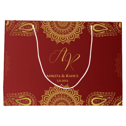 ブルゴーニュ&金ゴールドとマンダラデザインインディアン結婚ズ ラージペーパーバッグ (裏面)