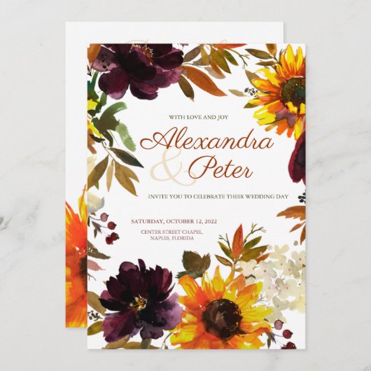 ブルゴーニュ&金ゴールドひまわり結婚式招待状 招待状 (正面/裏面)