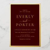 ブルゴーニュ&金ゴールドエレガンス結婚ズゴールデン 箔招待状 (正面)