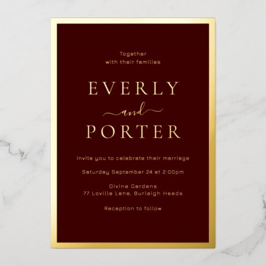 ブルゴーニュ&金ゴールドエレガンス結婚ズゴールデン 箔招待状 (正面)